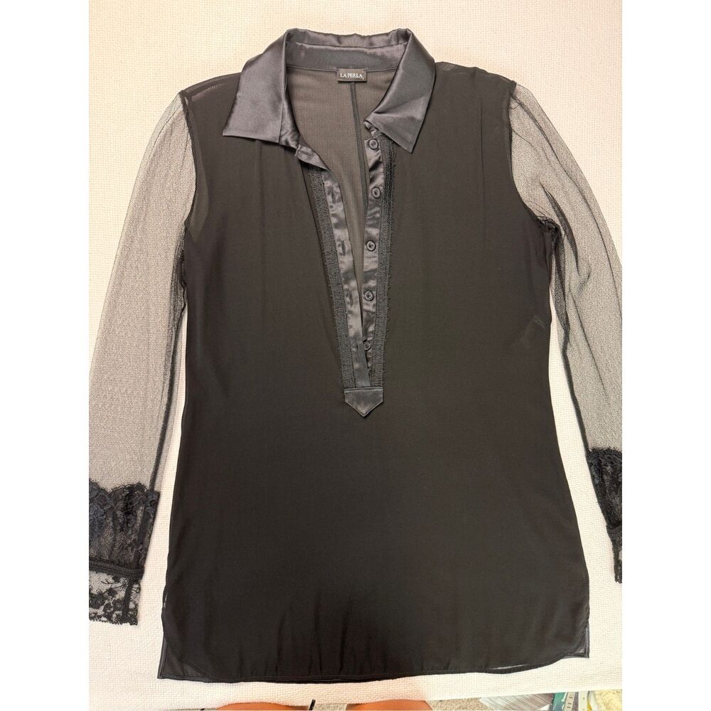 La Perla Black Silk Mesh Sleeve Lace Cuff Tunic Blouse XS Made in Italy